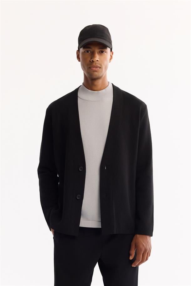 Siyah Şal Yaka Düğmeli Yün Karışımlı Hırka