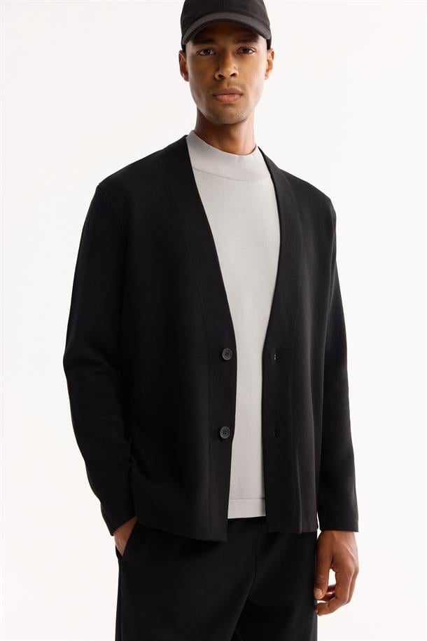 Siyah Şal Yaka Düğmeli Yün Karışımlı Hırka