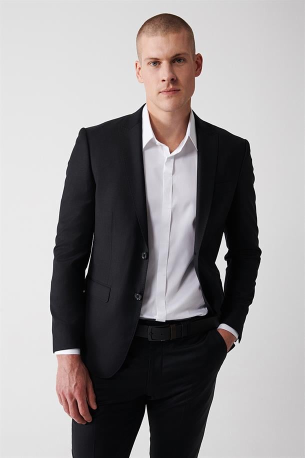 Siyah Kırlangıç Yaka Çift Yırtmaçlı Astarlı Yün Karışımlı Takım Elbise