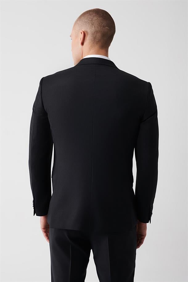 Siyah Kırlangıç Yaka Çift Yırtmaçlı Astarlı Yün Karışımlı Takım Elbise