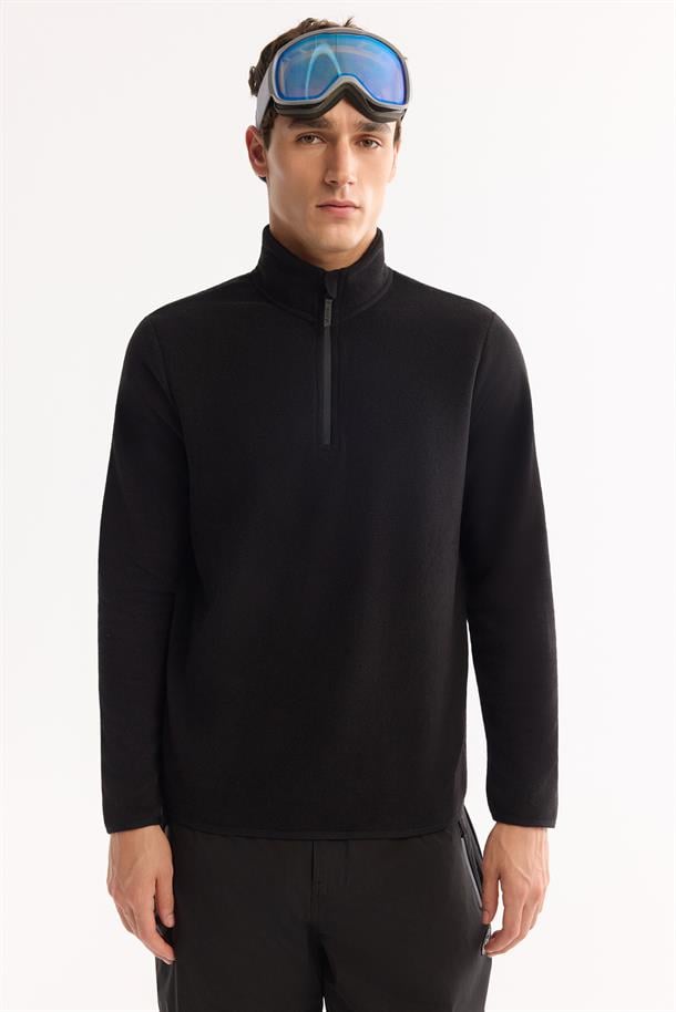 Siyah Dik Yaka Fermuarlı Soft Touch Polar Sweatshirt