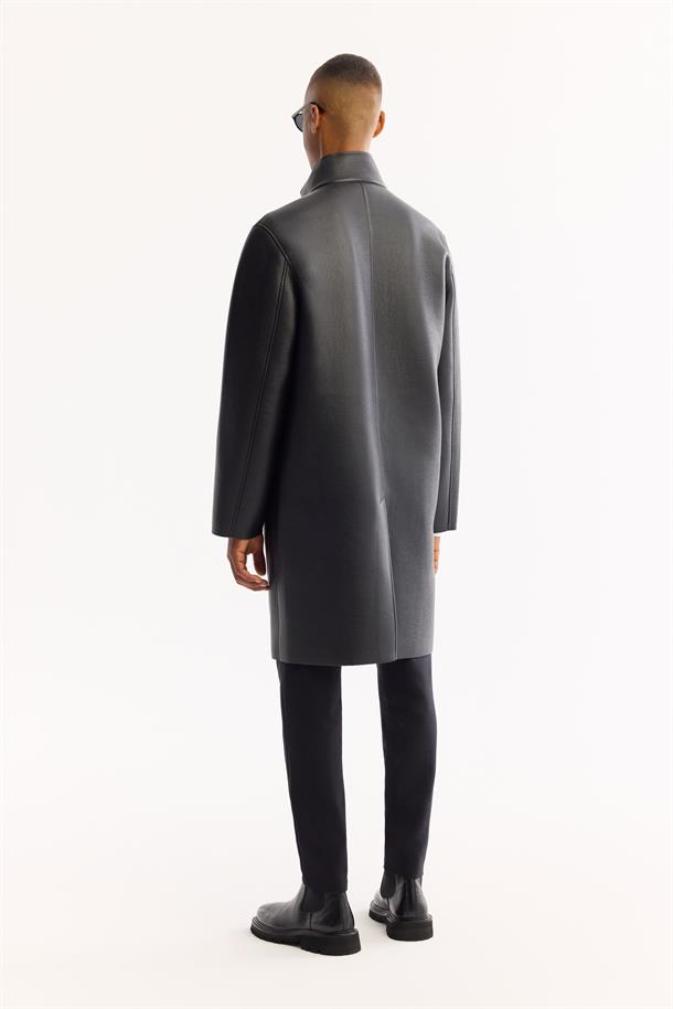 Siyah Dik Yaka Rüzgar Geçirmez Uzun Napa Kaban