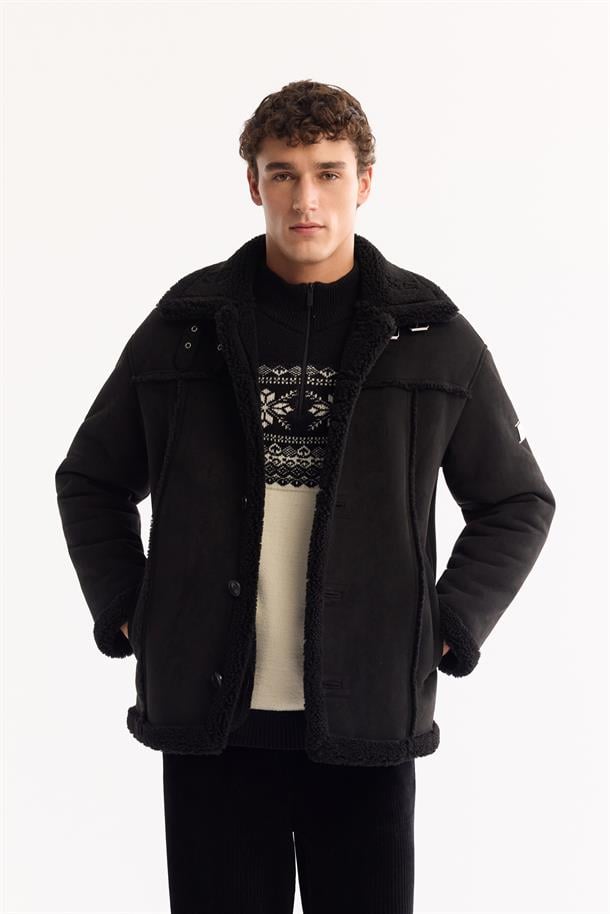 Siyah Kürklü Yaka Napa Mont