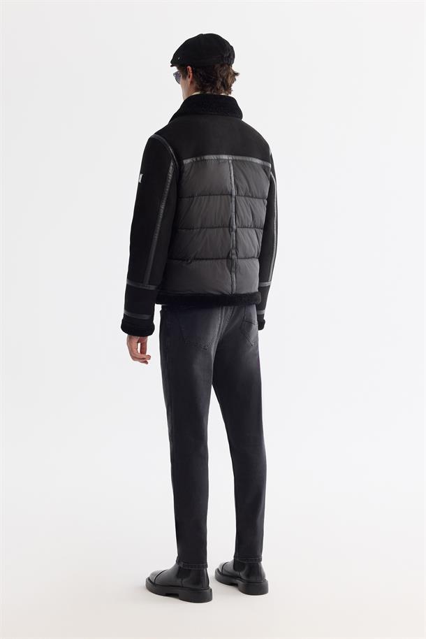 Black Faux Leather Jacket with Shearling Collar