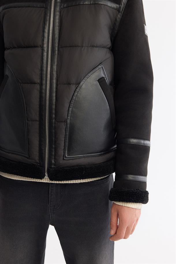Black Faux Leather Jacket with Shearling Collar