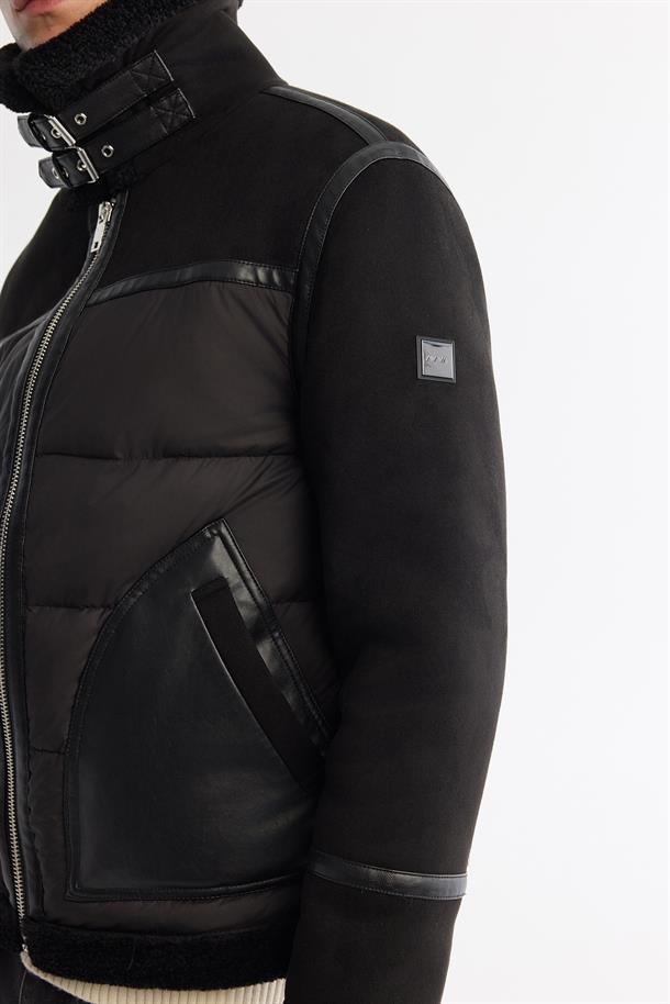 Black Faux Leather Jacket with Shearling Collar