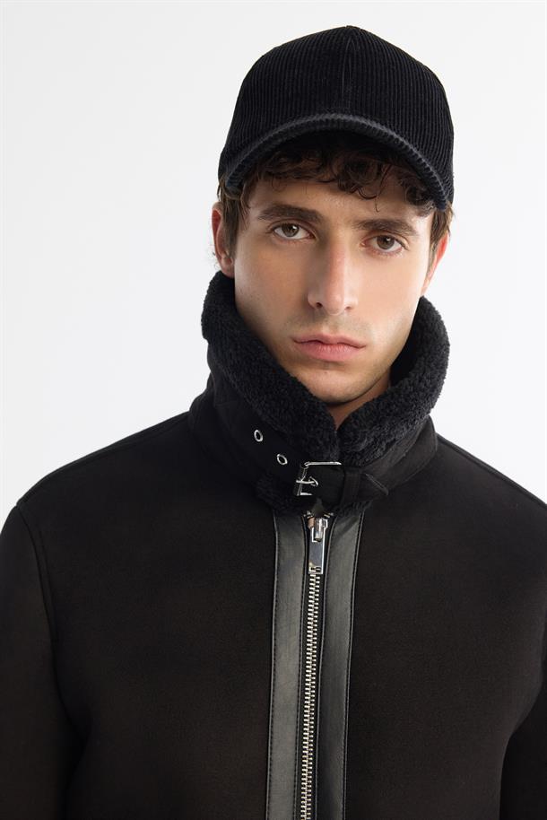 Black Faux Leather Jacket with Shearling Collar