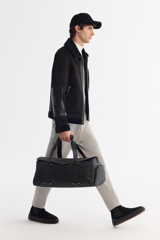 Black Faux Leather Jacket with Shearling Collar