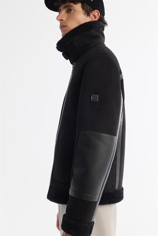 Black Faux Leather Jacket with Shearling Collar