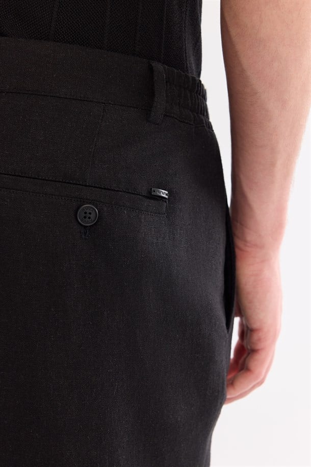 Siyah Beli Lastikli Keten Karışımlı Pantolon