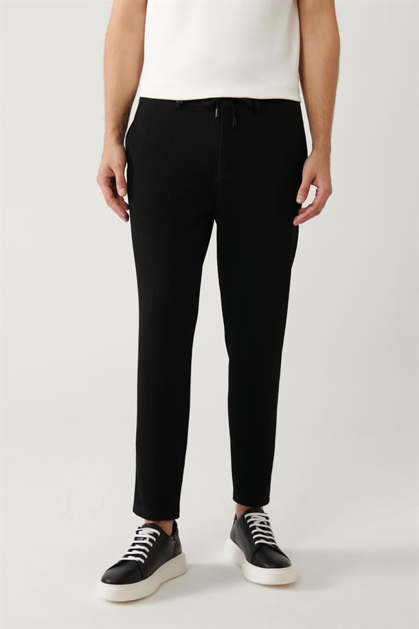 Siyah Beli Lastikli ve Bağcıklı Bi-Stretch Pantolon