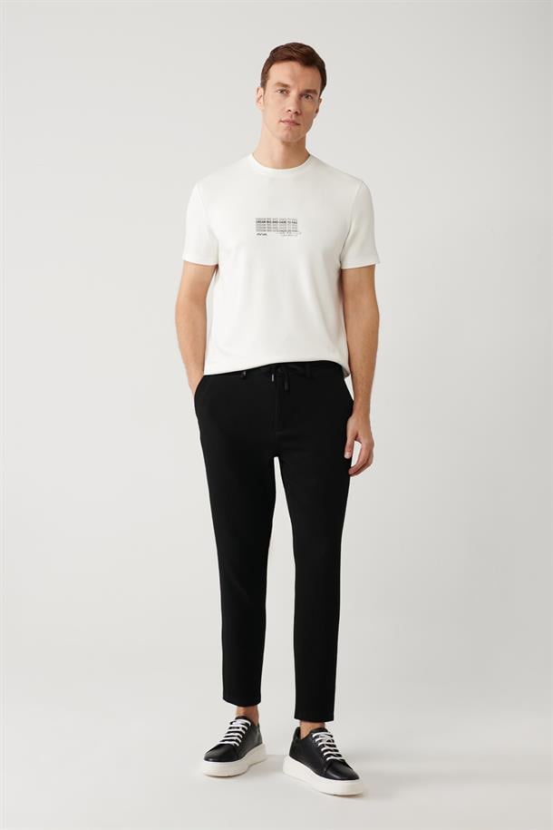 Siyah Beli Lastikli ve Bağcıklı Bi-Stretch Pantolon