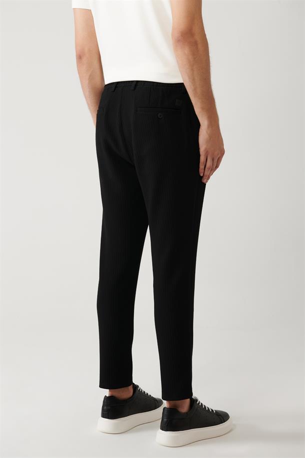 Siyah Beli Lastikli ve Bağcıklı Bi-Stretch Pantolon