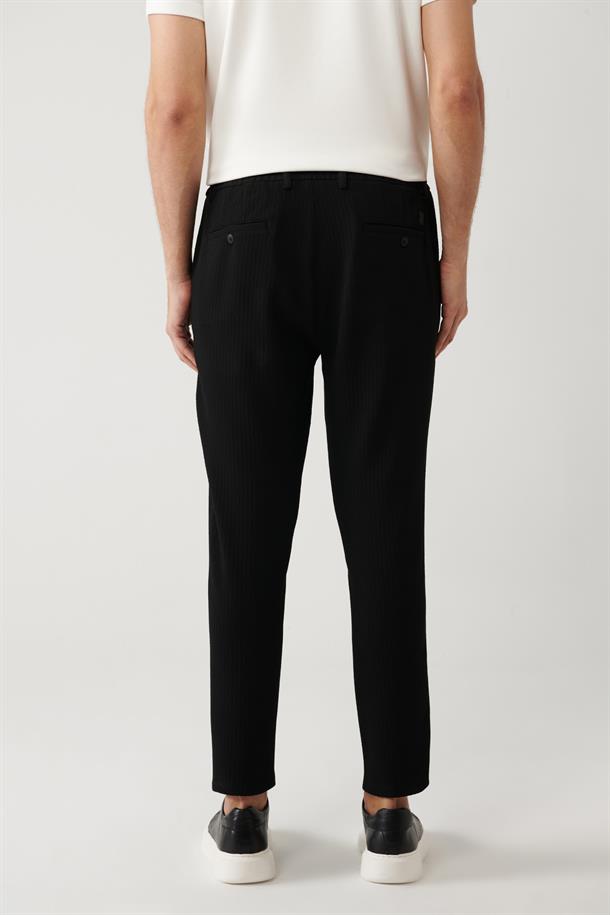 Siyah Beli Lastikli ve Bağcıklı Bi-Stretch Pantolon