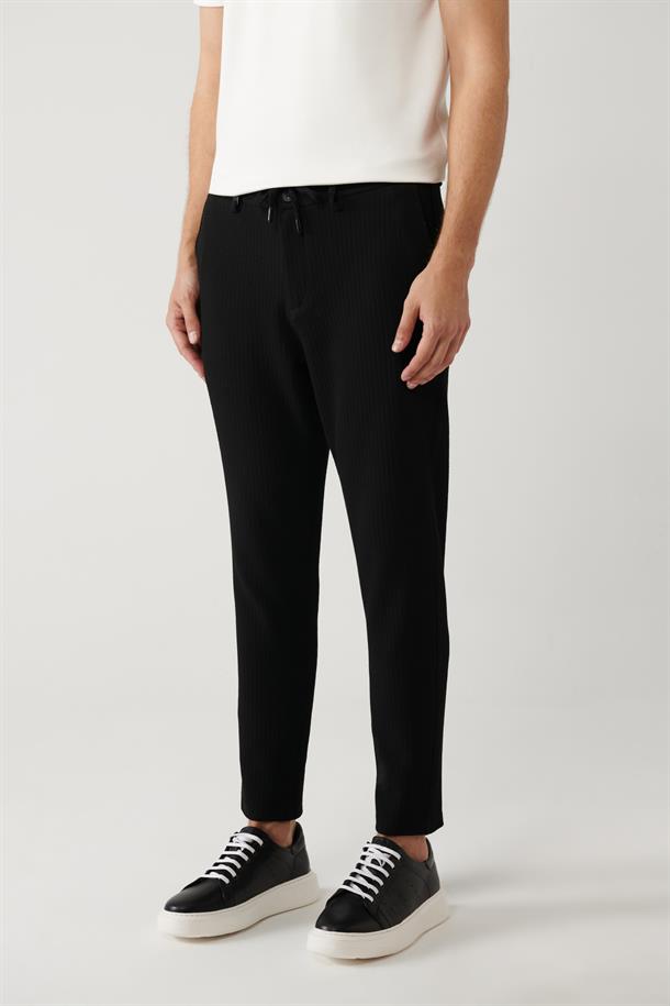 Siyah Beli Lastikli ve Bağcıklı Bi-Stretch Pantolon