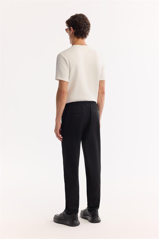 Siyah Beli Lastikli Bağcıklı Duble Paça Jogger Pantolon