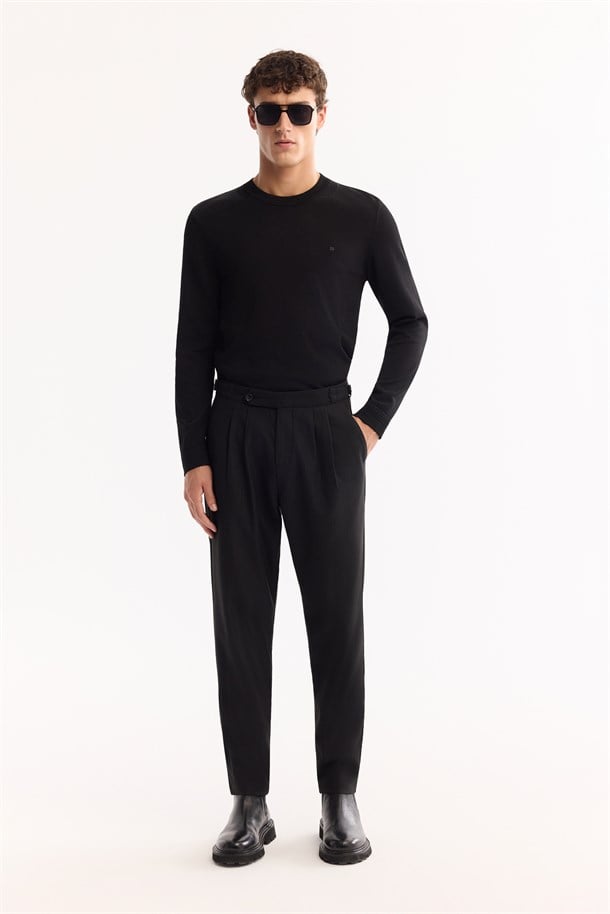 Black Side Buckle Viscose Blend Easy-Iron Pants