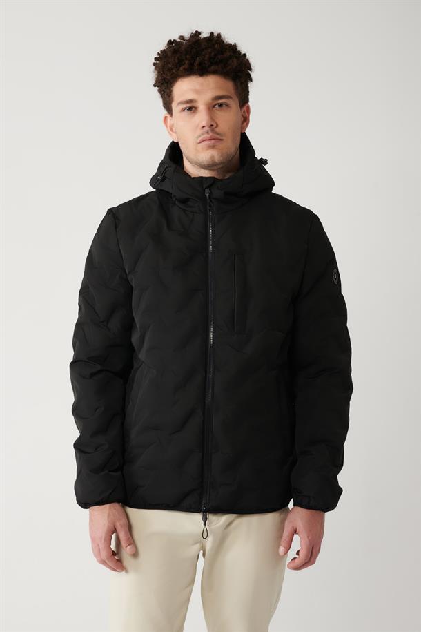 Siyah Kapüşonlu Su İtici Rüzgar Geçirmez Taşıma Askılı Şişme Mont