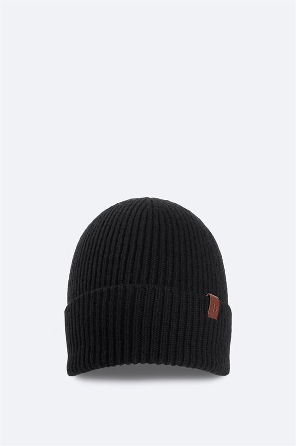 Siyah Yün Karışımlı  Logolu Fitilli Bere