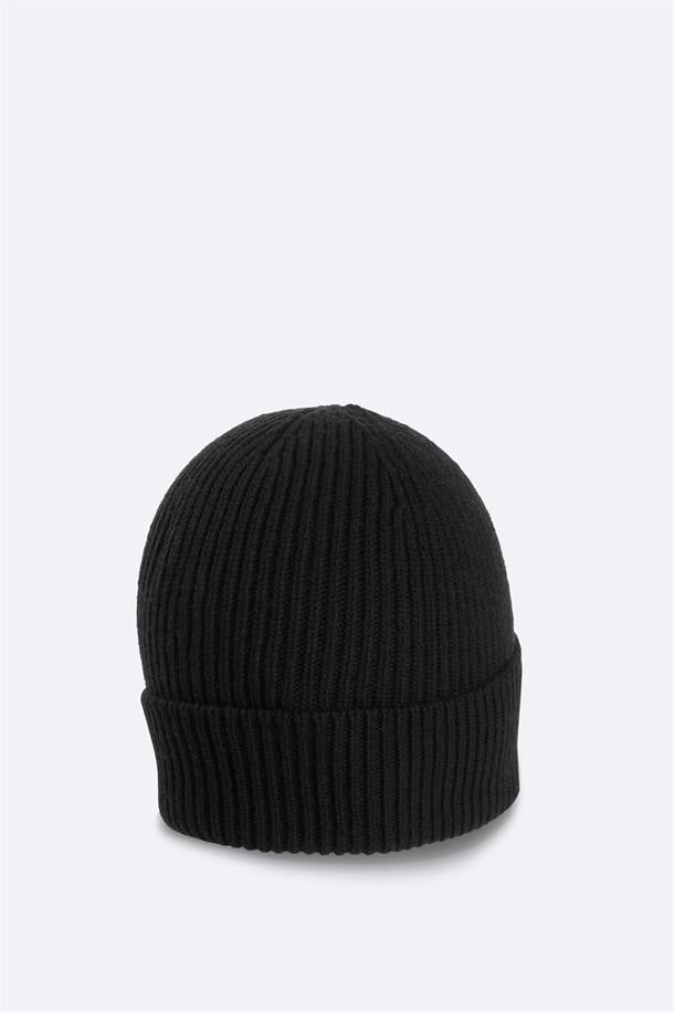 Siyah Yün Karışımlı  Logolu Fitilli Bere