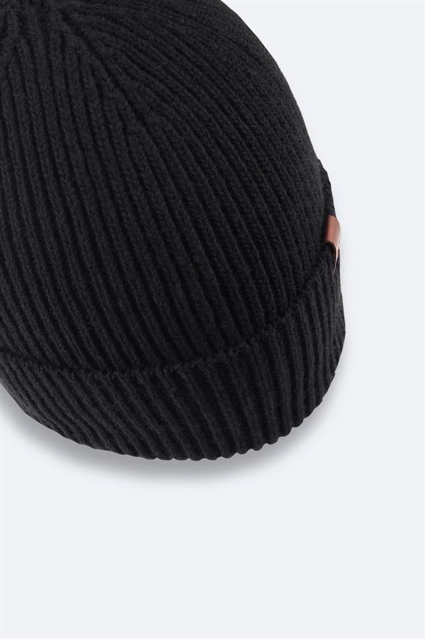 Siyah Yün Karışımlı  Logolu Fitilli Bere