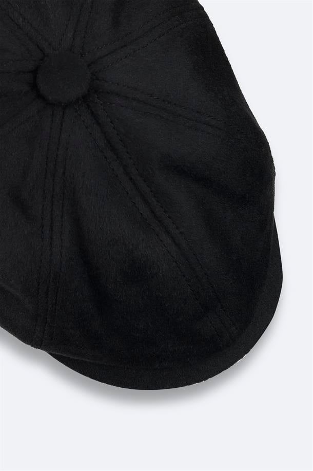 Siyah Yün Karışımlı Düğmeli Kasket Şapka