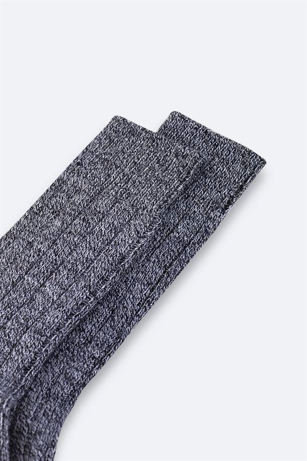 Siyah Yün Karışımlı Fitilli Soket Çorap