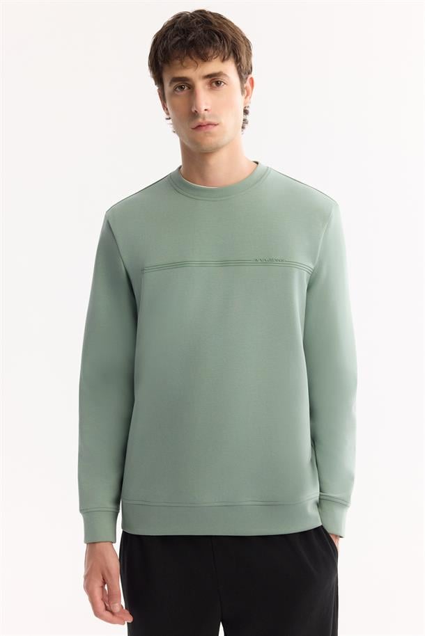Su Yeşili Bisiklet Yaka Kolay Ütülenen Bi-Stretch Baskılı Sweatshirt