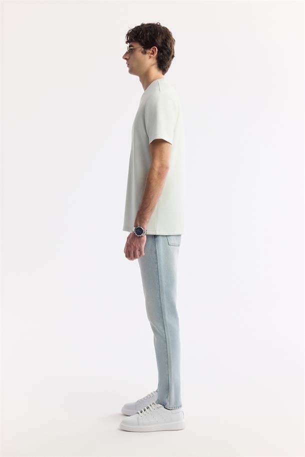 Su Yeşili Bisiklet Yaka Baskılı Bi-Stretch İnterlok T-Shirt