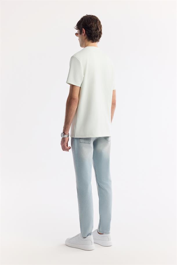 Su Yeşili Bisiklet Yaka Baskılı Bi-Stretch İnterlok T-Shirt