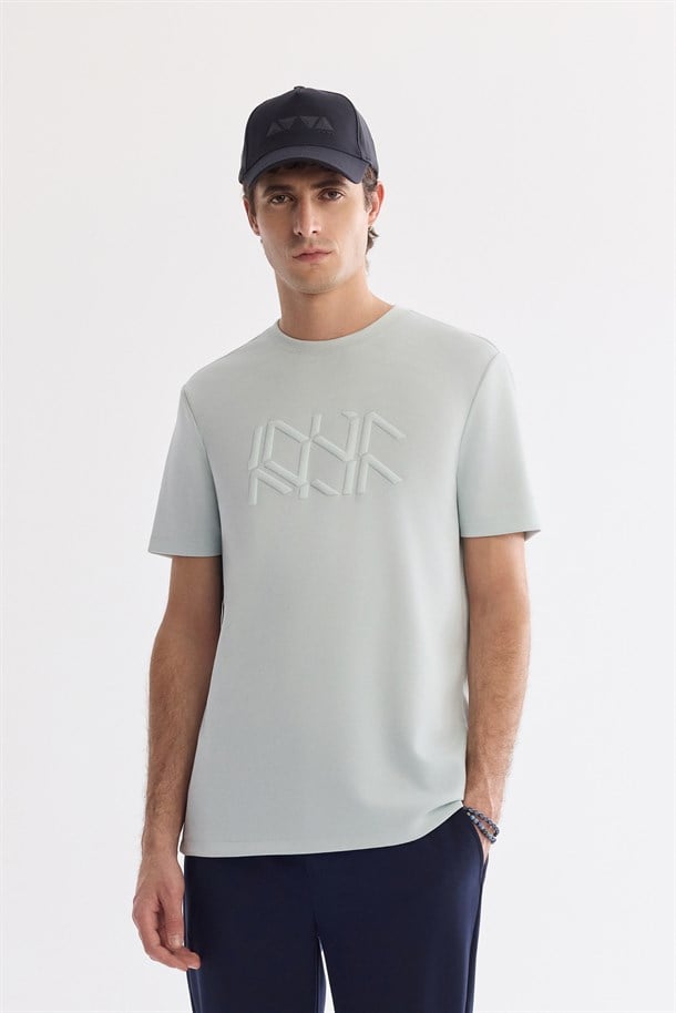 Su Yeşili Bisiklet Yaka Baskılı İnterlok T-Shirt