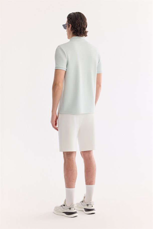 Su Yeşili Kıvrılmaz Polo Yaka Fermuarlı İnterlok T-Shirt