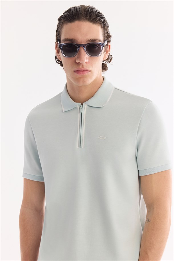 Su Yeşili Kıvrılmaz Polo Yaka Fermuarlı İnterlok T-Shirt