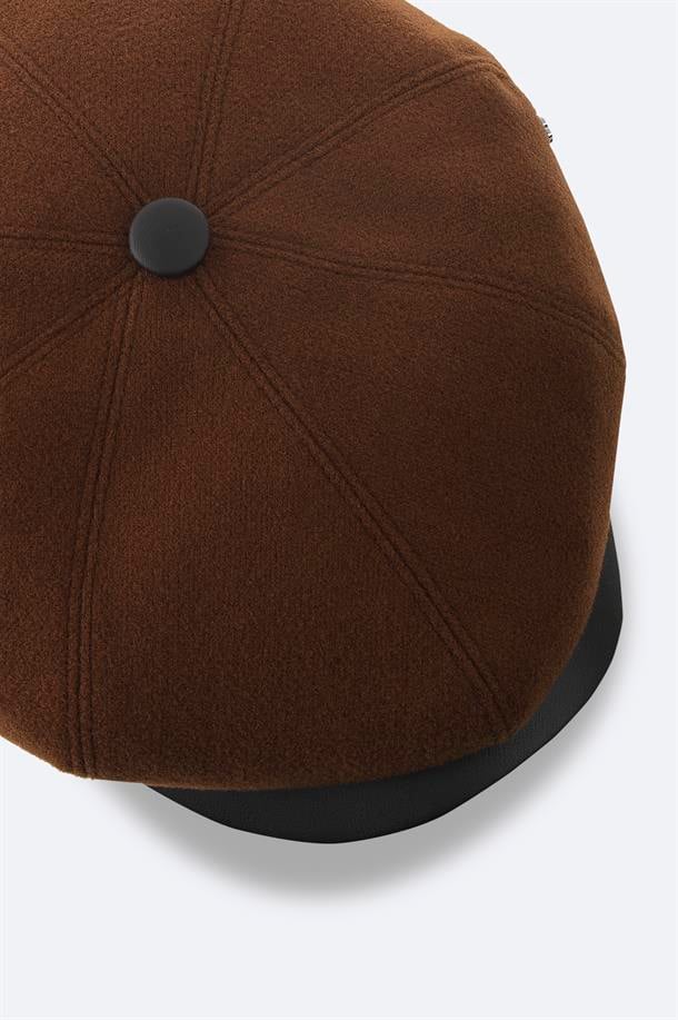 Taba Yün Karışımlı Deri Siperlikli Kasket Şapka