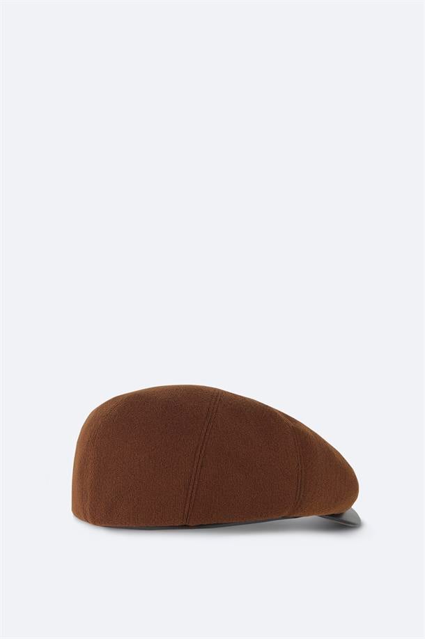 Taba Yün Karışımlı Deri Siperlikli Kasket Şapka