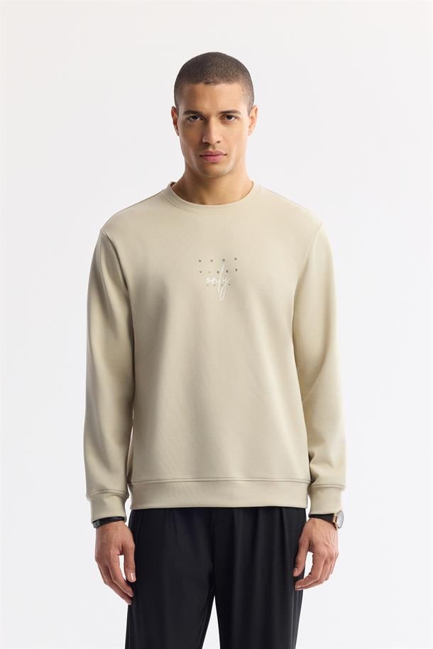 Taş Bisiklet Yaka Baskılı Bi-Stretch İnterlok Sweatshirt