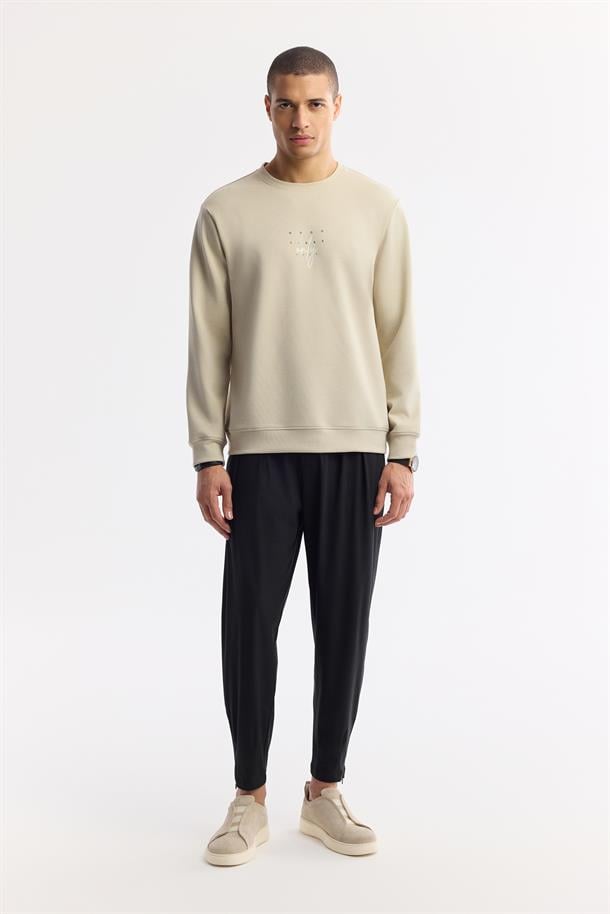 Taş Bisiklet Yaka Baskılı Bi-Stretch İnterlok Sweatshirt