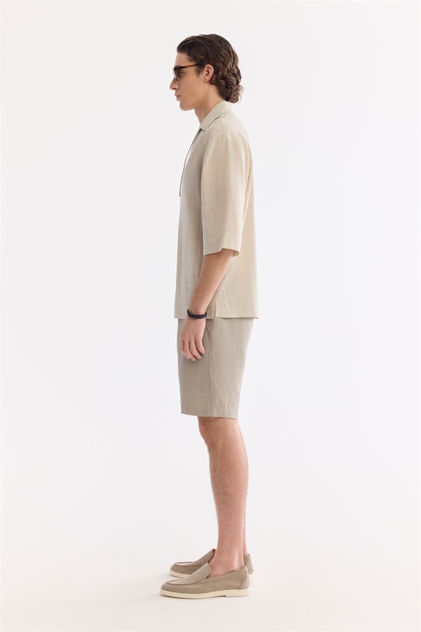 Taş V Yaka Pamuk Keten Karışımlı Kısa Kol Gömlek