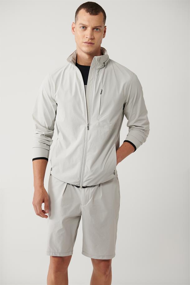 Taş Dik Yaka Kapüşonlu Fermuarlı Astarlı Su itici Bi Stretch Mont