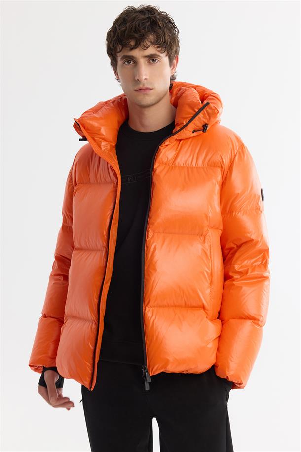 Orange Windproof Hooded Puffer Jacket
