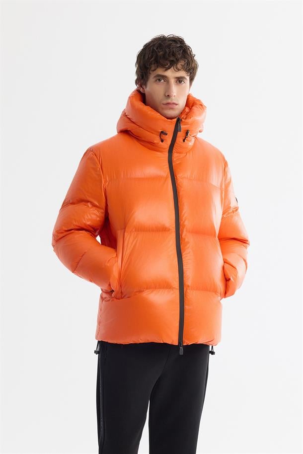 Orange Windproof Hooded Puffer Jacket