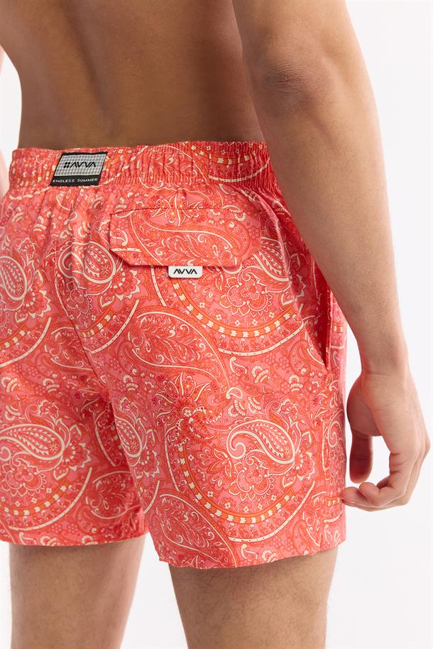 Turuncu Hızlı Kuruyan Baskılı Çantalı Deniz Şortu