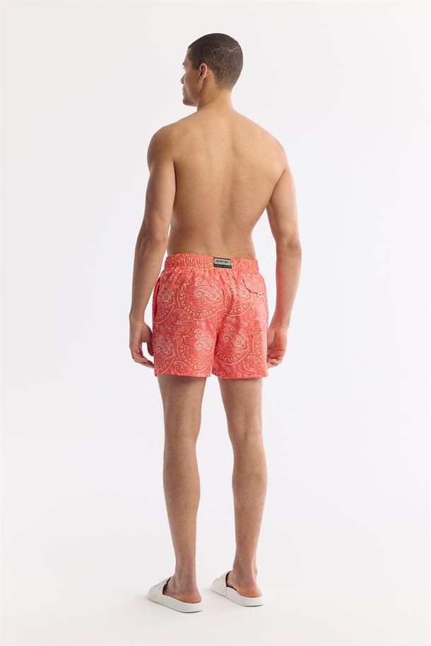 Turuncu Hızlı Kuruyan Baskılı Çantalı Deniz Şortu