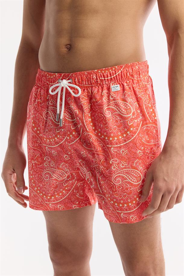 Turuncu Hızlı Kuruyan Baskılı Çantalı Deniz Şortu