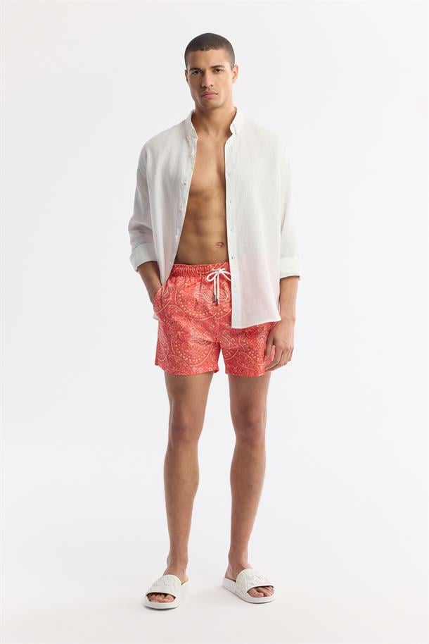 Turuncu Hızlı Kuruyan Baskılı Çantalı Deniz Şortu