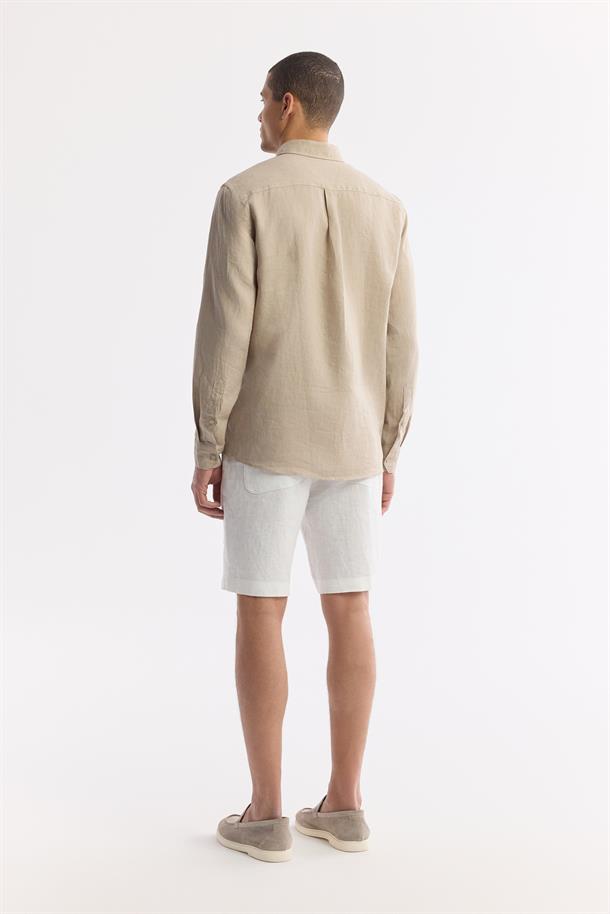 Vizon Düğmeli Yaka %100 Keten Gömlek