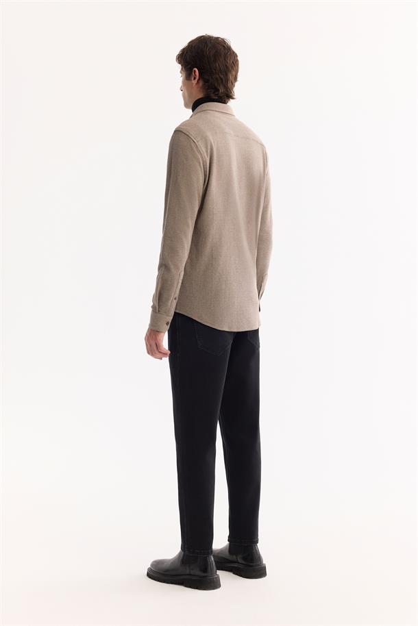 Vizon Düğmeli Yaka Pamuklu Dokulu Gömlek