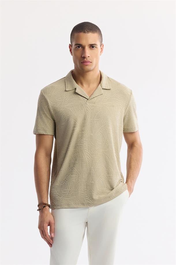 Vizon Apaj Yaka Jakarlı Elastan T-Shirt