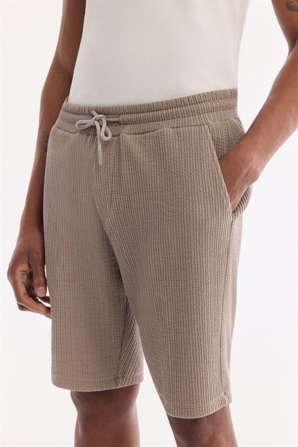 Vizon Beli Lastikli Bağcıklı Yandan Cepli Örme Şort