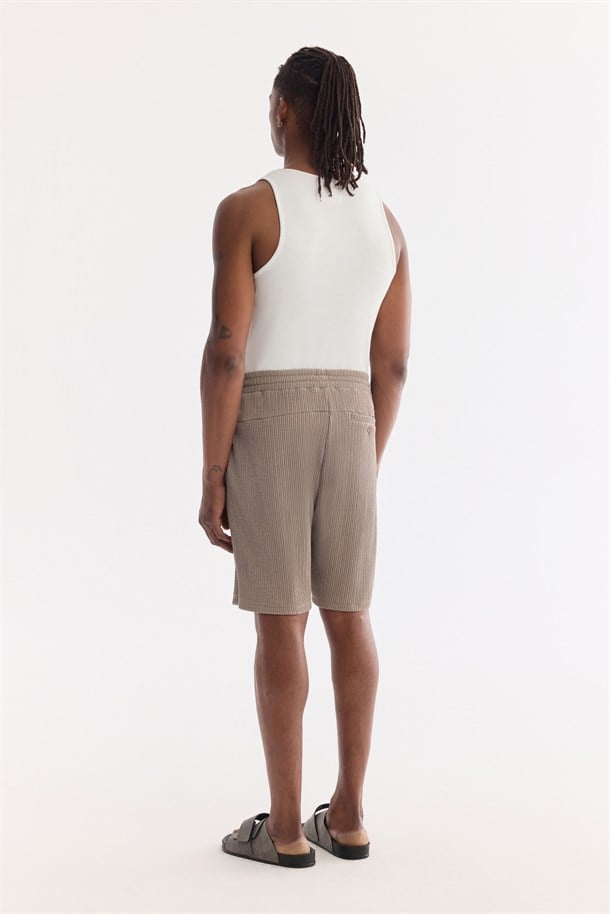 Vizon Beli Lastikli Bağcıklı Yandan Cepli Örme Şort